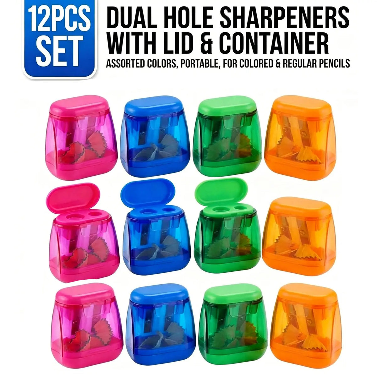 12Pcs Dual Hole Pencil Sharpeners with Lid Container, Portable Manual Pencil Sharpener for Regular & Colored Pencils, Assorted Colors
