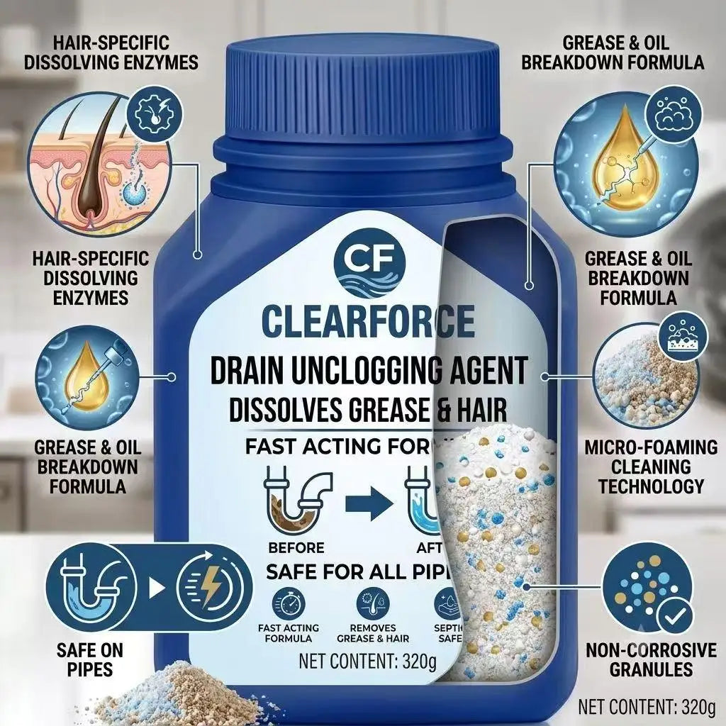 ClearForce Powerful Drain Unclogger Powder, Dissolves Hair & Grease Instantly, Safe for All Pipes (320g)