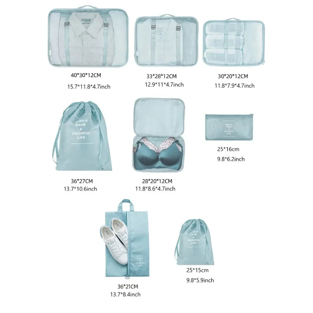 8 Pcs/Set Travel Waterproof Suitcase Luggage Organizer Clothing & Daily Necessities Storage Bag Compressible Packaging