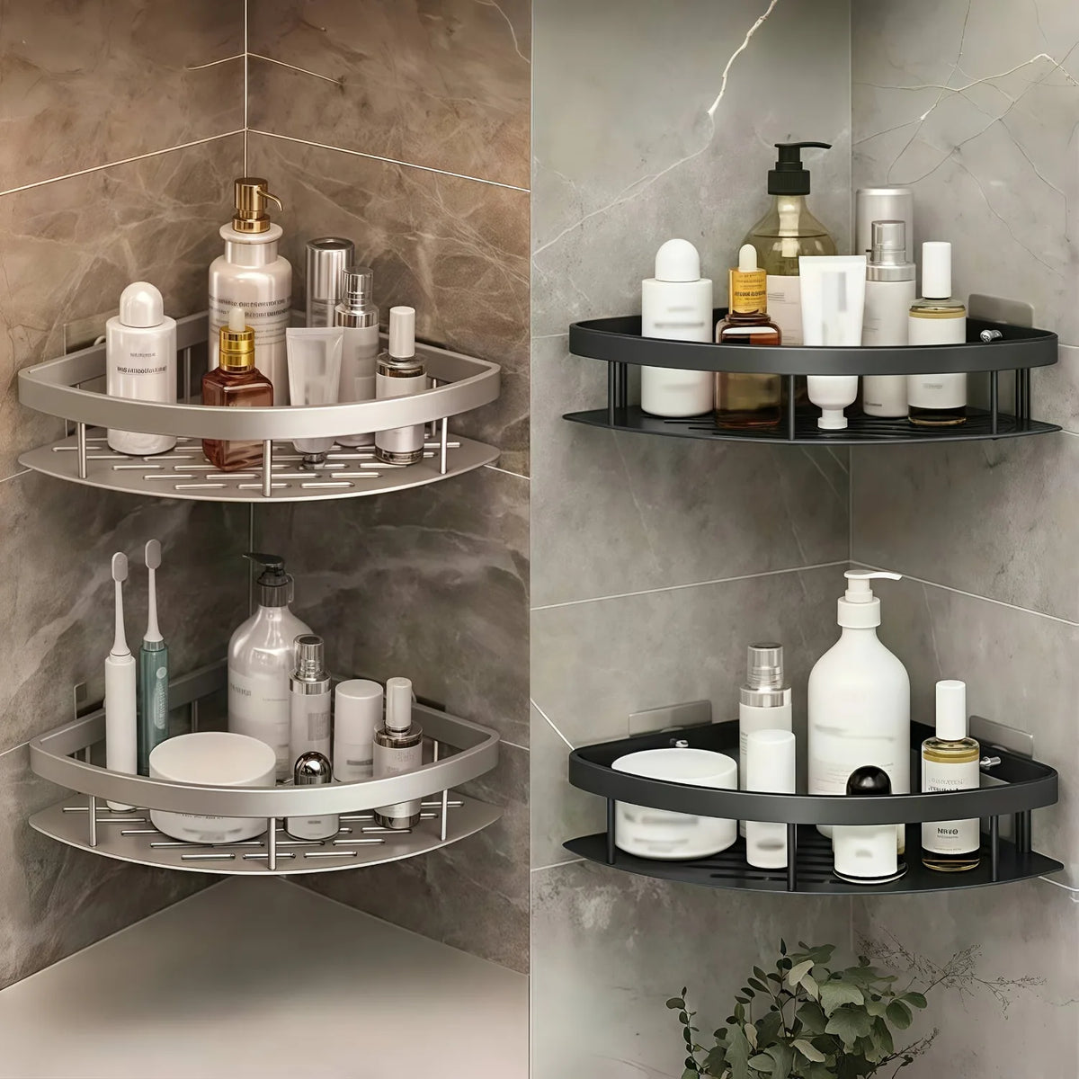 2Pcs Aluminum Corner Shower Storage Shelves No-drill Wall-mounted Bathroom Storage Box Triangular Suitable for Shower Rack