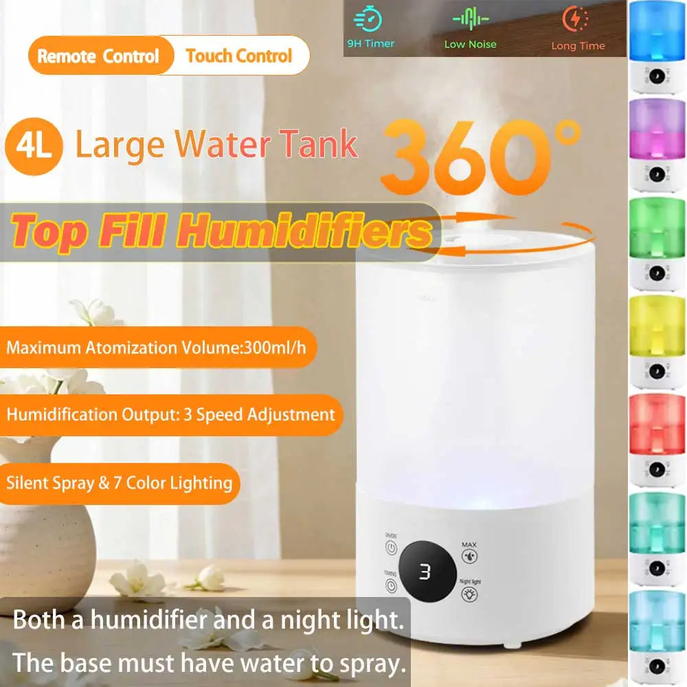 4L Large Capacity Air Humidifier with Remote Control Timer 300ml/h Plant Mist Aroma Diffuser for Home Office, Top Fill Humidifier
