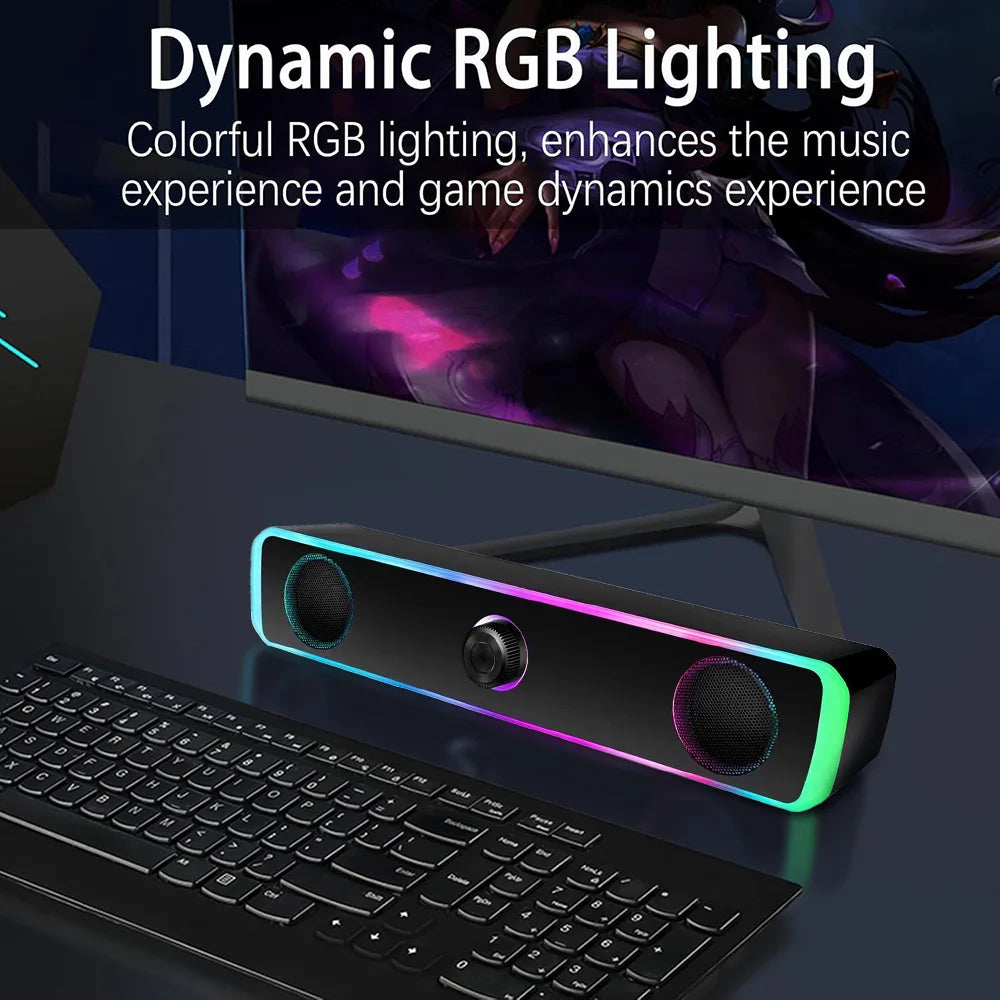Portable RGB Desktop Soundbar, 2.0 Channel Stereo Dynamic RGB Computer Speakers Desktop Knob Control USB Powered Bluetooth Wired