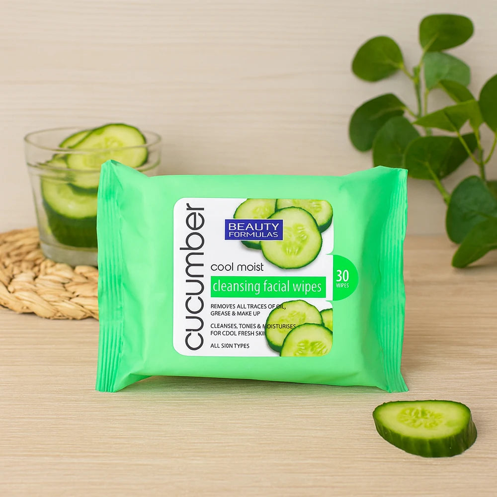 Beauty Formulas Cucumber Cleansing Facial Wipes 30 Pack, Refreshing Makeup Remover for All Skin Types