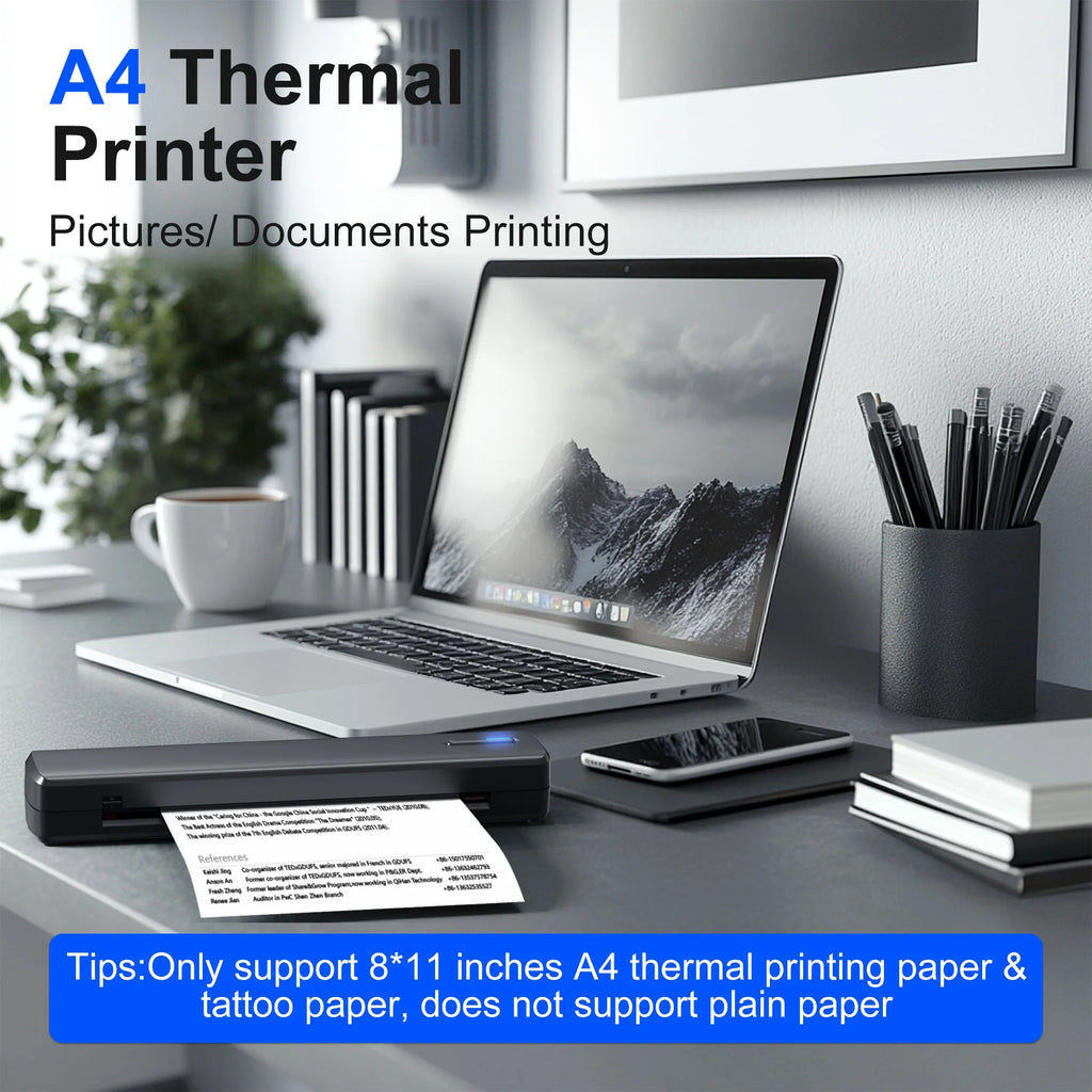 8-inch Wireless Portable Thermal Mini Printer Compatible With Phone And PC. Support US Letter&A4, Small Mobile Travel Printer For Home, Travel, Outdoor Use, And Tattoo Creation(with 20pcs Thermal )，Thermal paper can be purc