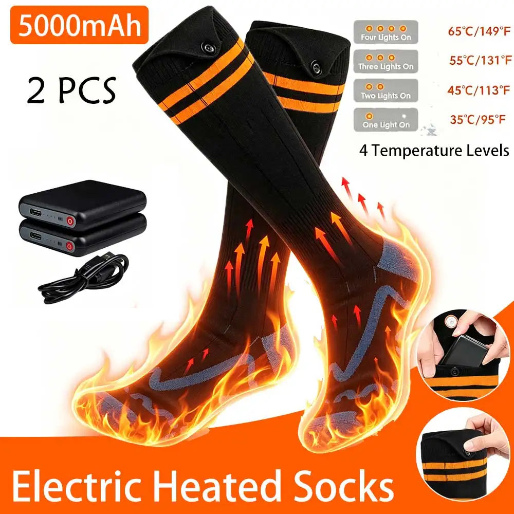 2Pcs Heated Socks, Men Women Winter Rechargeable Outdoor Sport Thermal Heated Foot Warmer, 4 Temperature Breathable 5000mAh, for Ski Hiking Road Trips Camping