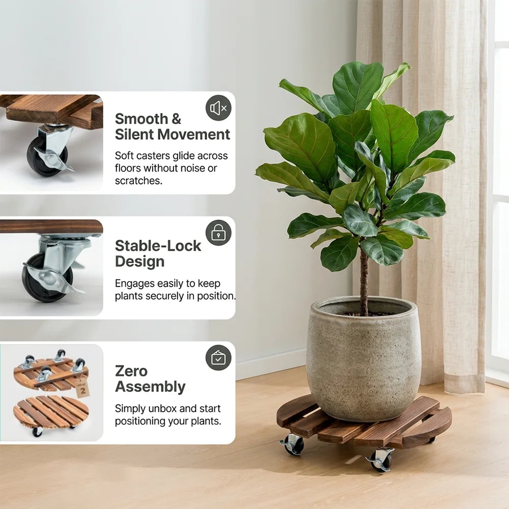 2 Pack Plant Trolley with Lockable Wheels 120kg Capacity Carbonised Timber Deck 360° Swivel Casters Dark Brown