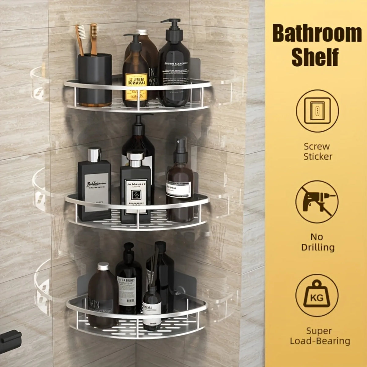 2Pcs Aluminum Corner Shower Storage Shelves No-drill Wall-mounted Bathroom Storage Box Triangular Suitable for Shower Rack