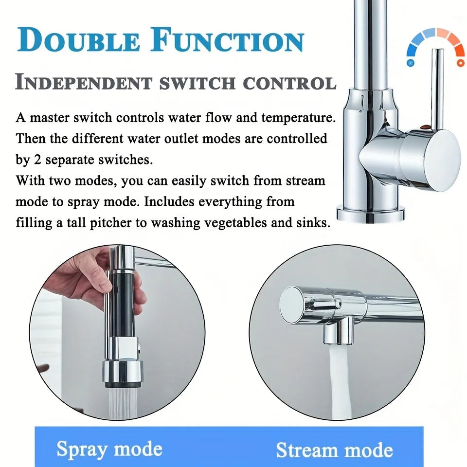 Premium Silver Kitchen Tap – Worktop-mounted Mixer Tap with 360-degree Rotating Spout – Hot and Cold Water Tap for Kitchen Sinks