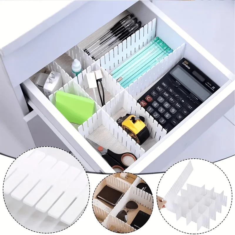 12pcs Adjustable Drawer Partitions - White, Thick PP Plastic, DIY Free Cutting, With Fixed Buckles to Prevent Tipping, Suitable for Wardrobe/Kitchen/Office, Non Slip Storage.