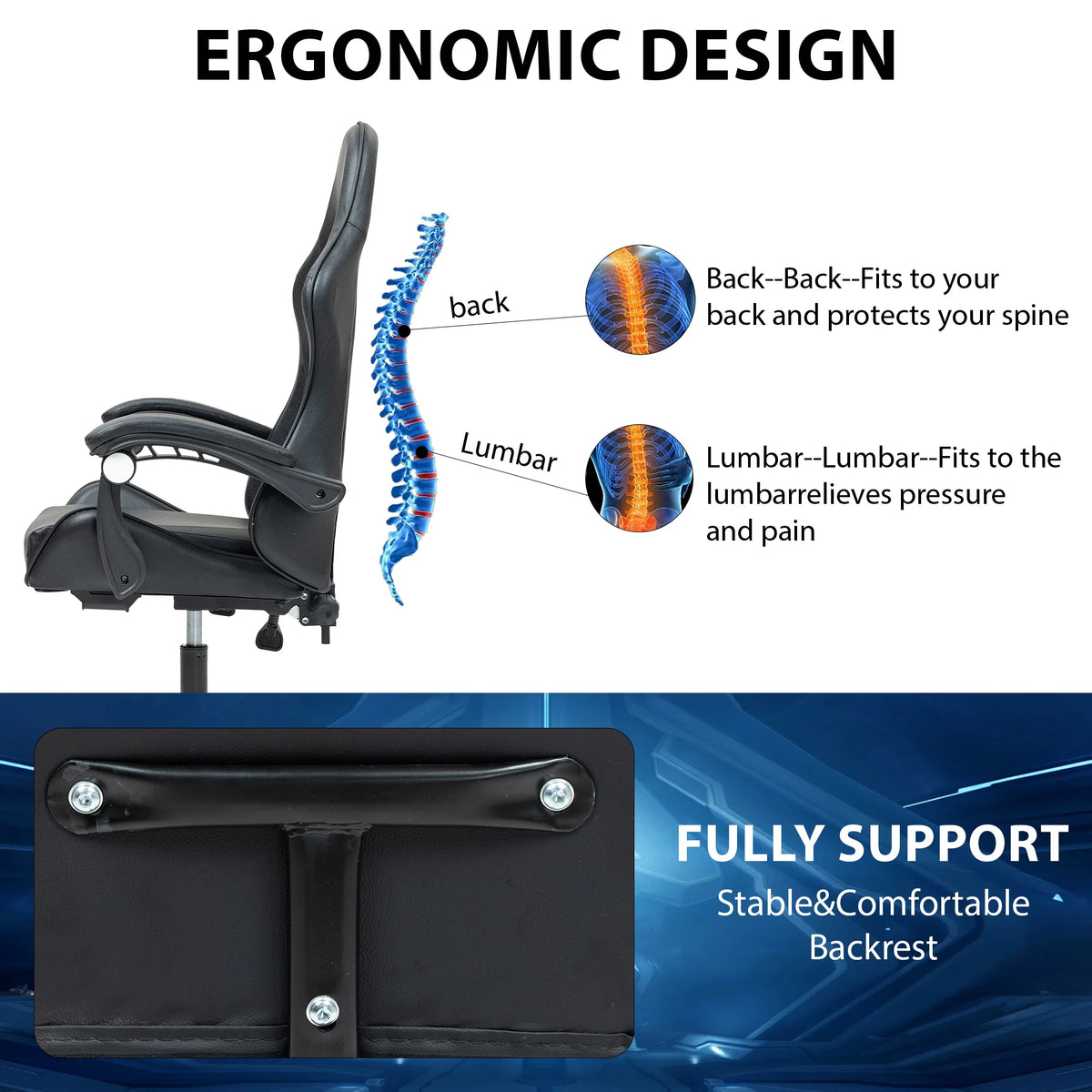 Gaming Chair Ergonomic Office Desk Chair Lumbar Support Adjustable Height Recline Swivel