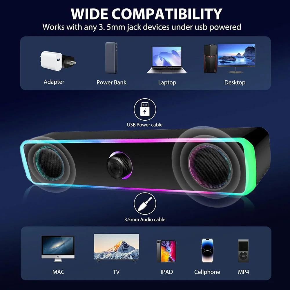 Portable RGB Desktop Soundbar, 2.0 Channel Stereo Dynamic RGB Computer Speakers Desktop Knob Control USB Powered Bluetooth Wired