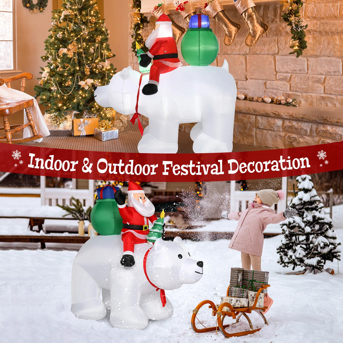 Santa Claus Christmas Decoration, 6ft Light Up Inflatable Santa Rides Polar Bear with 7 LED Lights, Outdoor Garden Christmas Decoration, 180cm