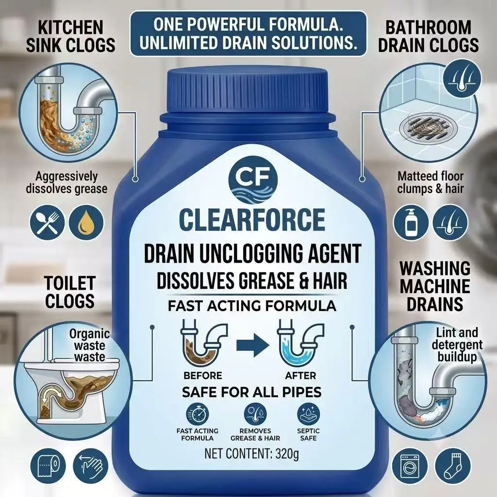 ClearForce Powerful Drain Unclogger Powder, Dissolves Hair & Grease Instantly, Safe for All Pipes (320g)