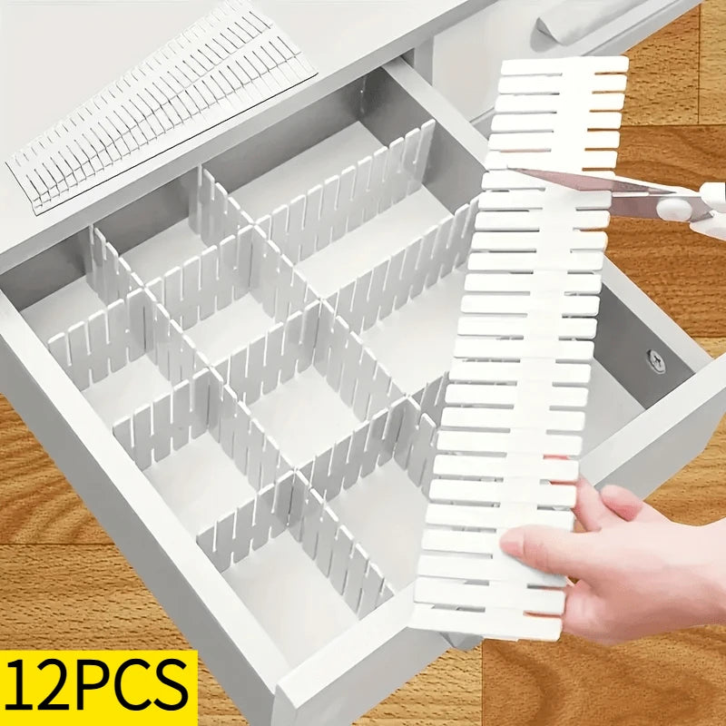 12pcs Adjustable Drawer Partitions - White, Thick PP Plastic, DIY Free Cutting, With Fixed Buckles to Prevent Tipping, Suitable for Wardrobe/Kitchen/Office, Non Slip Storage.