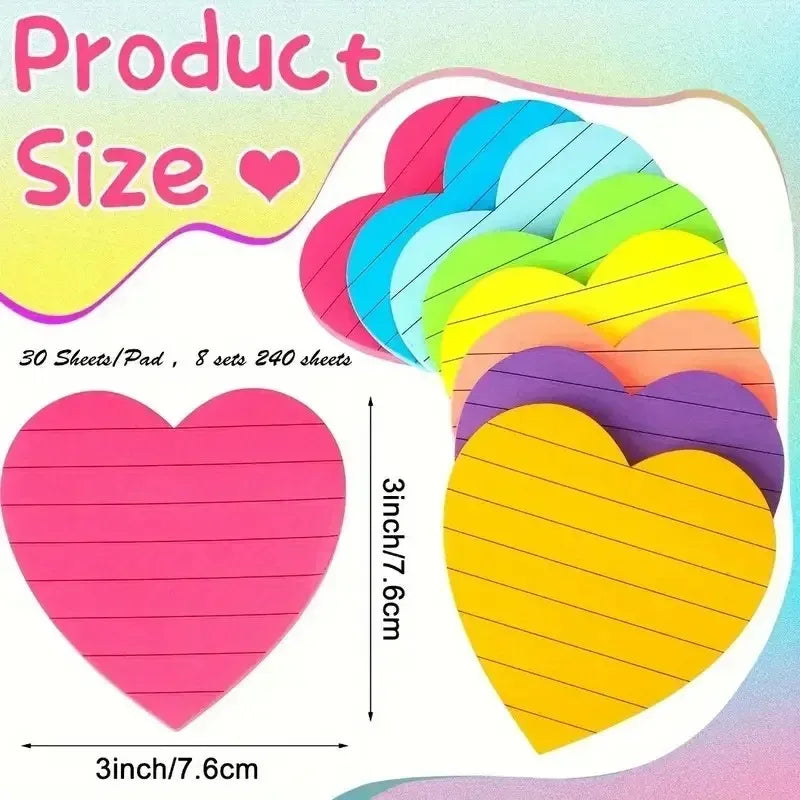 240pcs Heart Shaped Sticky Note Love Horizontal Line Fluorescent Colour Sticker Note Book 8 Colours  Creative Student Supplies