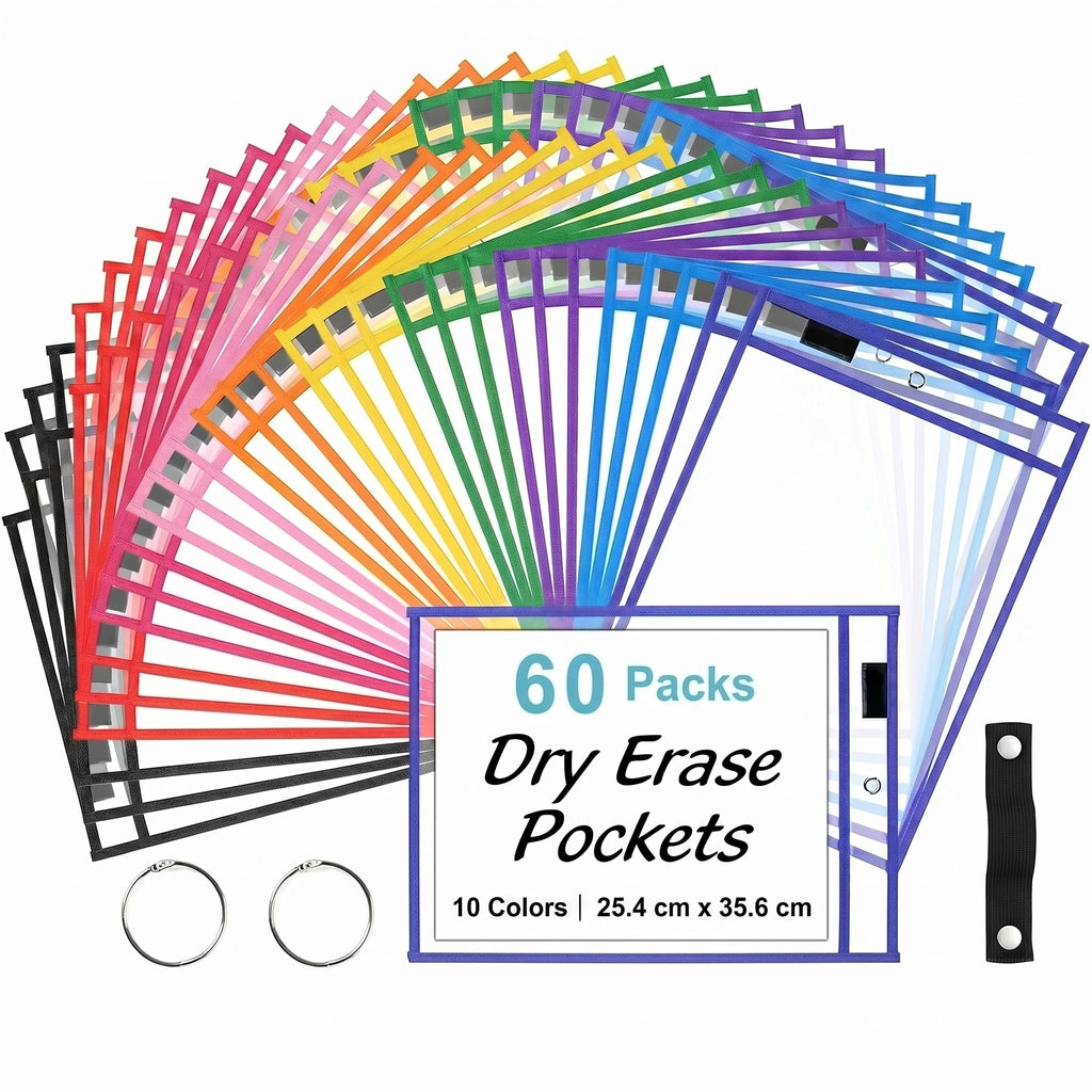 60pcs Reusable Dry Erase Pockets, A4 Plastic Sheet Protectors With 2 Metal Binder Rings, Write & Wipe Document Sleeves For Office, Teacher School Supplies