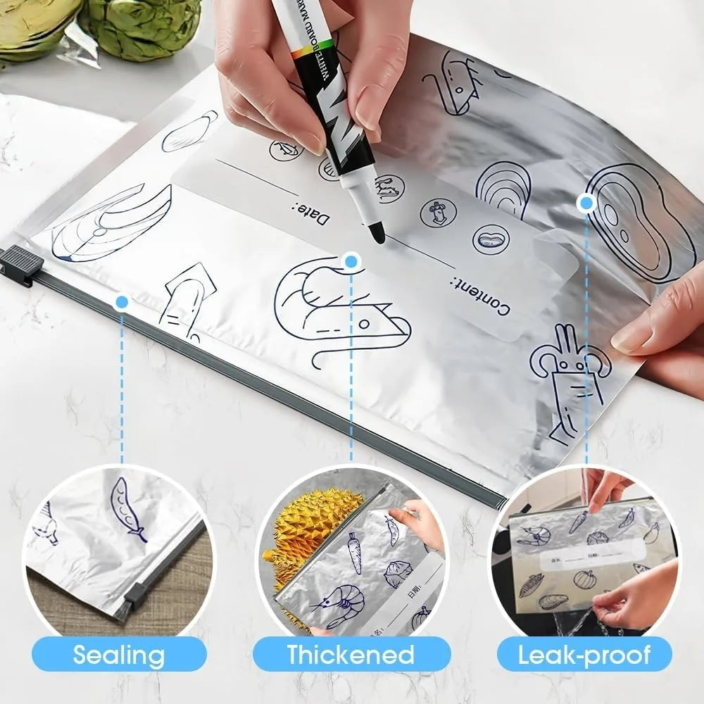 Reusable Aluminum Foil Freezer Bags Leakproof Stand Up Ziplock for Seafood Meat Vegetables Long Term Fresh Storage