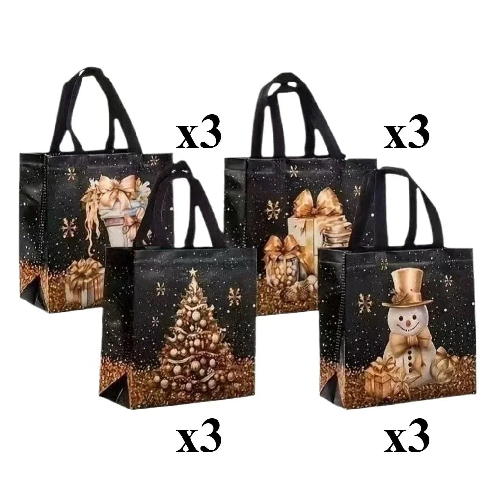 12PCS Christmas Non Woven Gift Bags Cartoon Snowman Tree Pattern Handbag Packaging Bags Xmas Party Supplies Holiday Favors