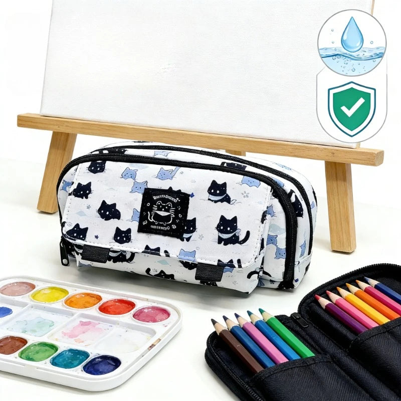 Large Capacity Pencil Case 3-Layer, Cute Snow Cat Design for School & Office, Student Stationery Tidy & Adorable Organizer