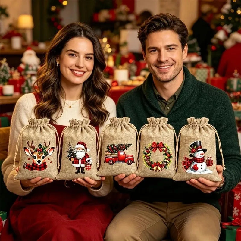 12PCS Christmas Burlap Drawstring Design Gift Bags Reusable Party Favors Gift Bags for Candy Treats Holiday Decor Gift Packaging