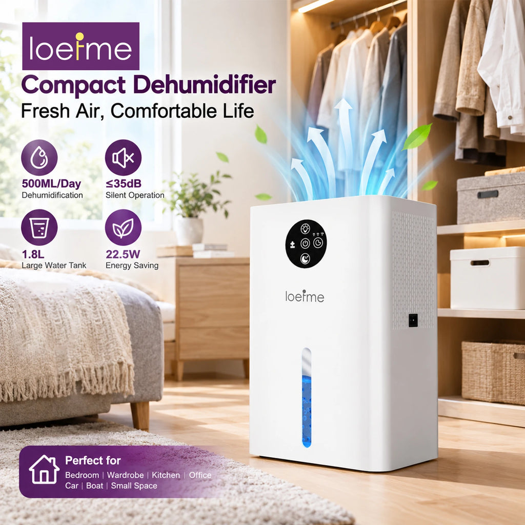LOEFME 500ML/Day 1.8L Silent Dehumidifier Portable Mini Air Dehumidifier with Touch Display LED Light for Home Bedroom Office