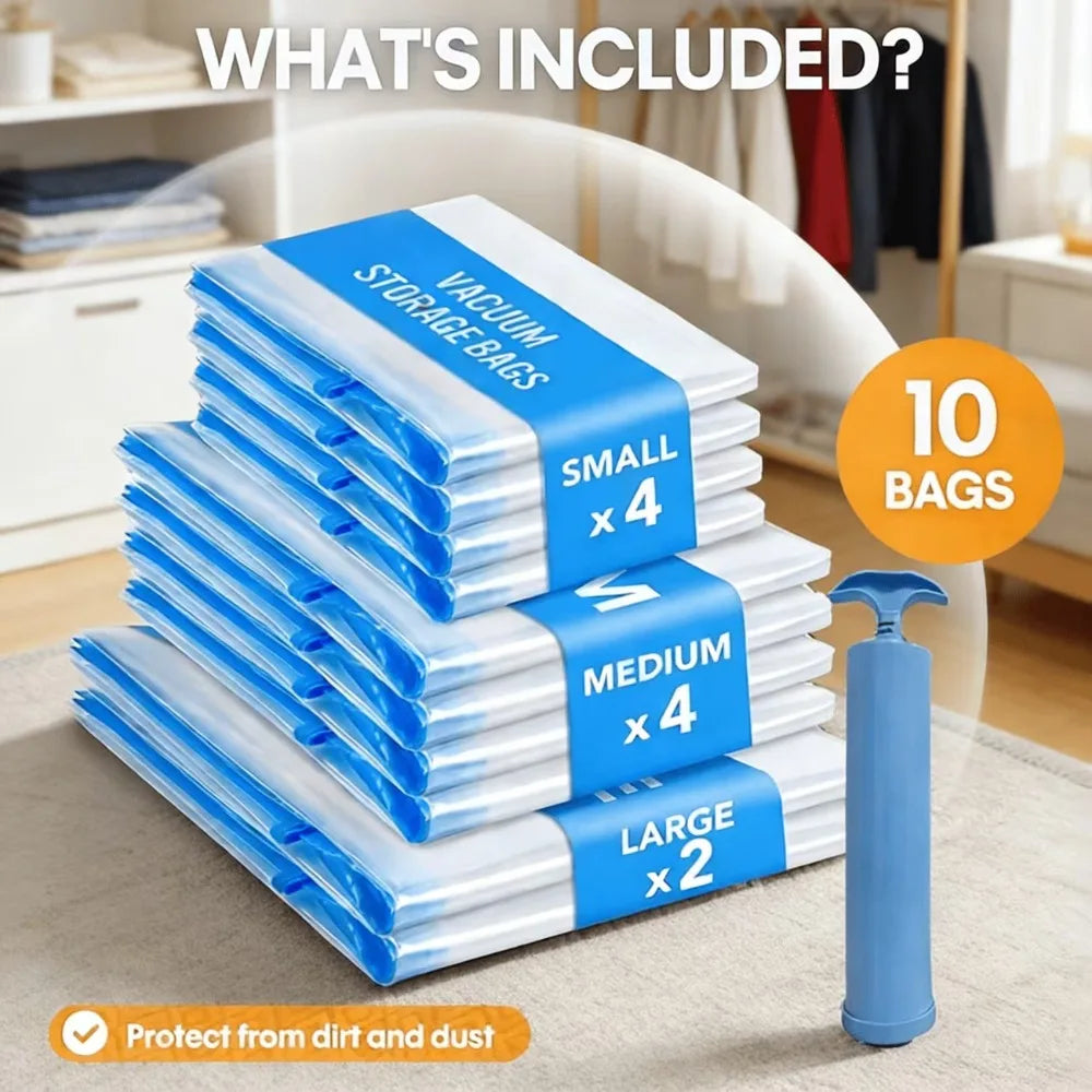 11Pcs Vacuum Storage Organizer Bags, Travel Suitcases Essentials, Wardrobe Clothes Compression Packaging Sealing Bag Camping Equipment(4 Small Sizes, 4 Medium Sizes, 2 Large Sizes and 1 Pump)