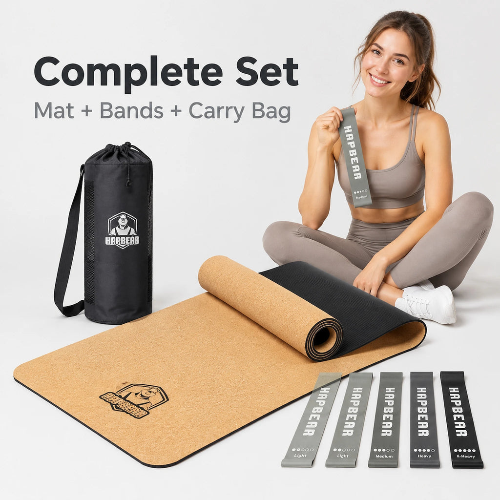 HAPBEAR Cork TPE Yoga Mat, 6mm Thick 183×92CM Non-Slip Sweat-Absorbing Exercise Mat, Home Fitness Pilates Gymnastics Mat with Carry Bag & Free 5Pcs Resistance Bands