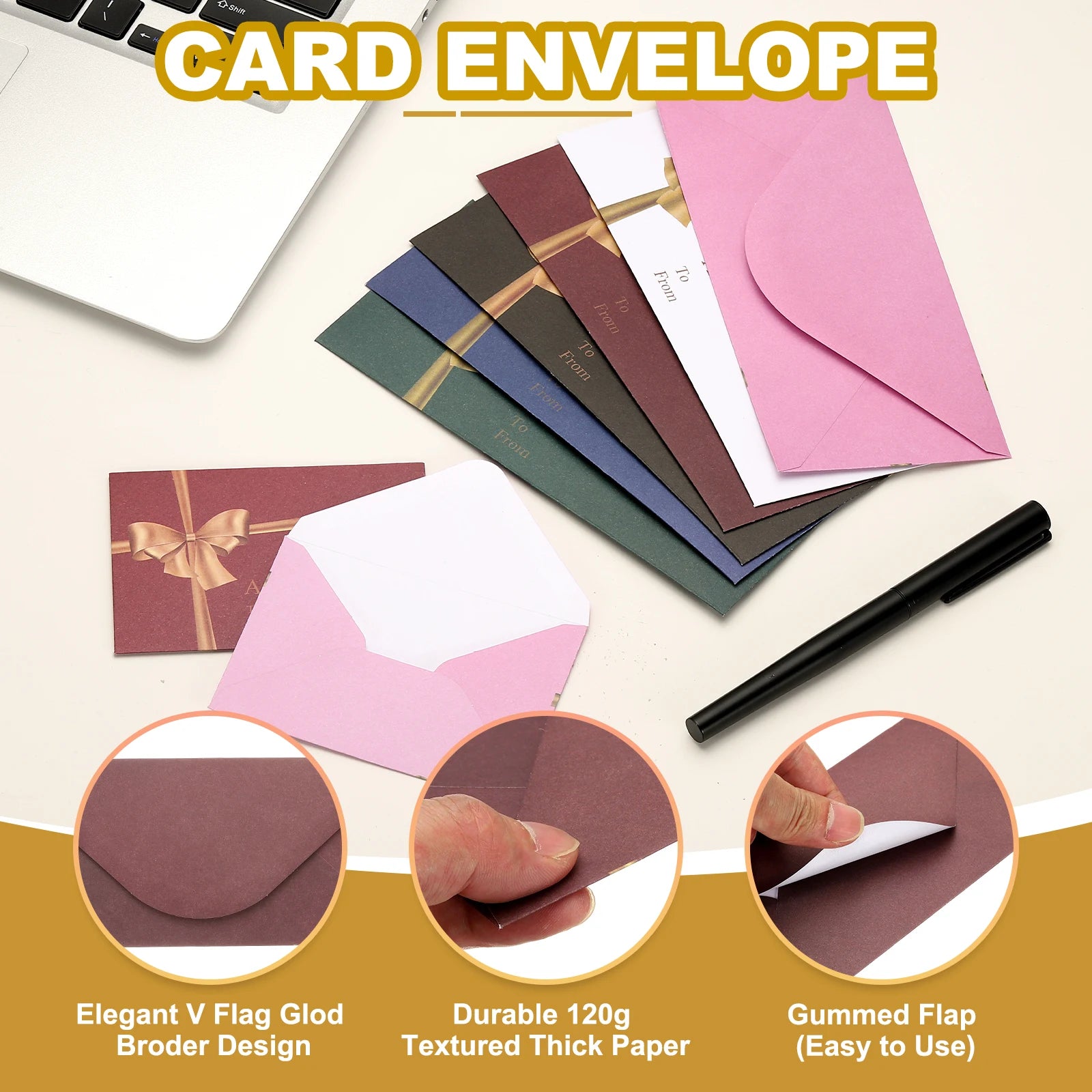 50Pcs Mini Envelopes V Flap Small Business Card Envelopes with Gold Ink Pen for Greeting Cards Wedding Invitations Party Gifts