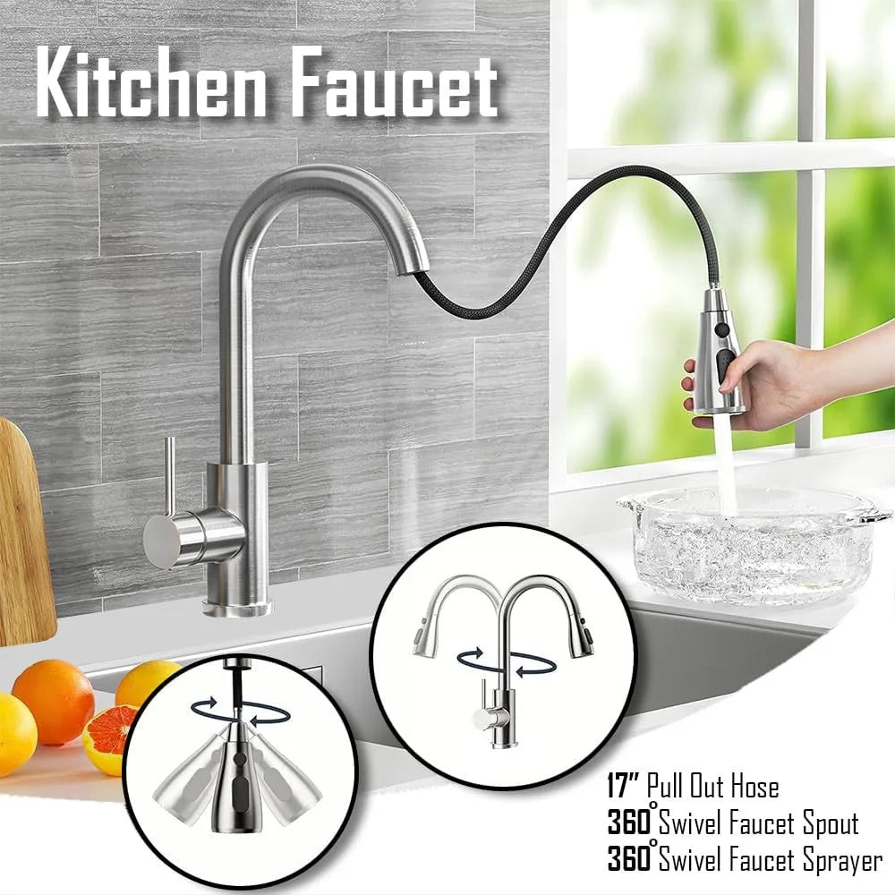 360° Kitchen Sink Mixer Taps Pull Out Spout Spray Single Lever Modern Mono Tap