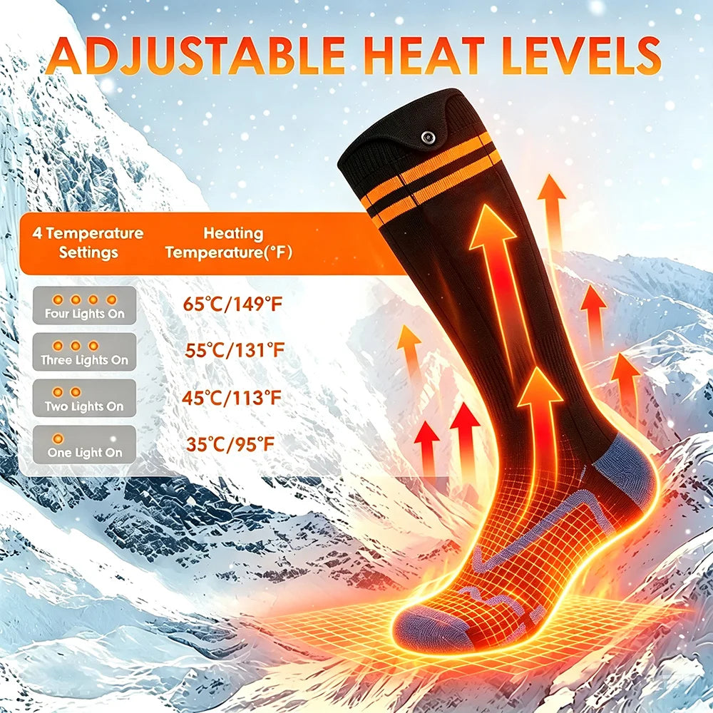 2Pcs Heated Socks, Men Women Winter Rechargeable Outdoor Sport Thermal Heated Foot Warmer, 4 Temperature Breathable 5000mAh, for Ski Hiking Road Trips Camping