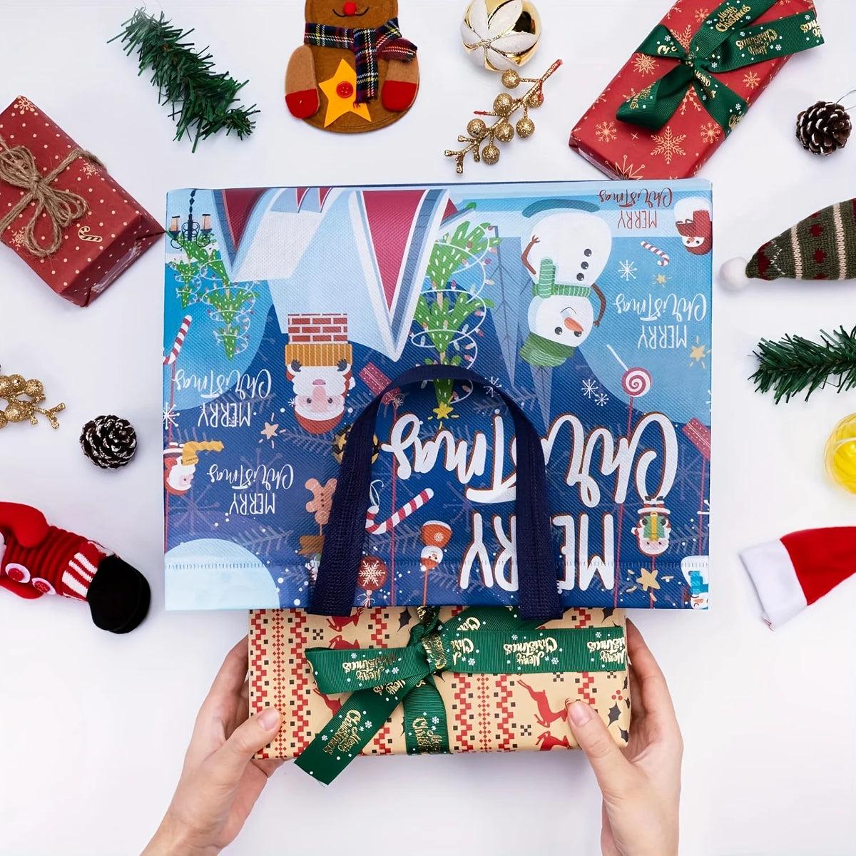 8 Pack Large Christmas Gift Bags – Non-Woven Reusable Shopping Tote, 32.5x24.9x17cm, with Handles, for Holiday Party, New Year, Gift Giving, Shopping – Durable, Foldable, Festive Patterns