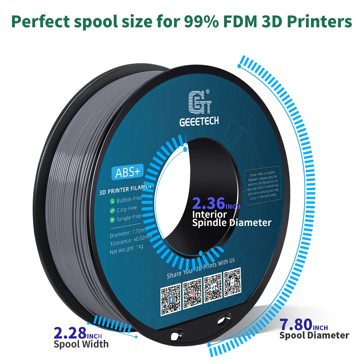 Geeetech ABS+3D Filament 1.75mm 1KG Plastic, 3D Printer Material, Tangle-Free, Non-Toxic, Vacuum Packaging White Black Red Blue