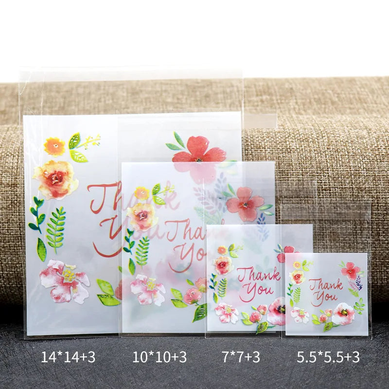 100pcs/lot Plastic Bags Thank you Flower Self-Adhesive Bags for Homemade Cookie Party Gifts Bag DIY Jewelry Packaging Bag