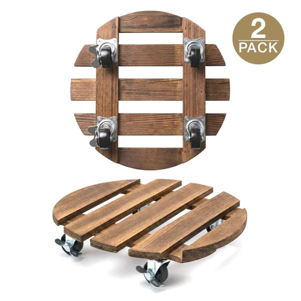 2 Pack Plant Trolley with Lockable Wheels 120kg Capacity Carbonised Timber Deck 360° Swivel Casters Dark Brown