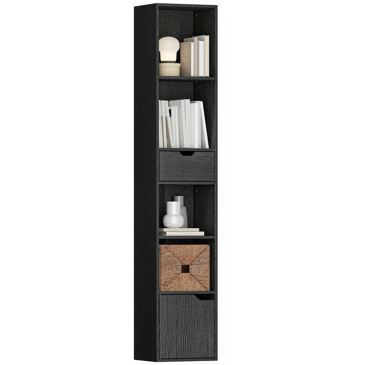 HOMCOM 6-Tier Bookcase with Drawer, Door Tall Narrow Bookshelf with Storage