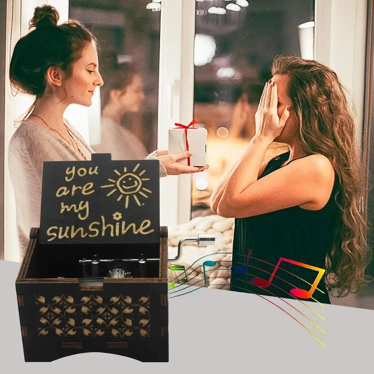 Wooden Hand Crank Music Box You Are My Sunshine DIY Gift for Valentine's Day Birthday Party Surprise for Couple Friends 1PC