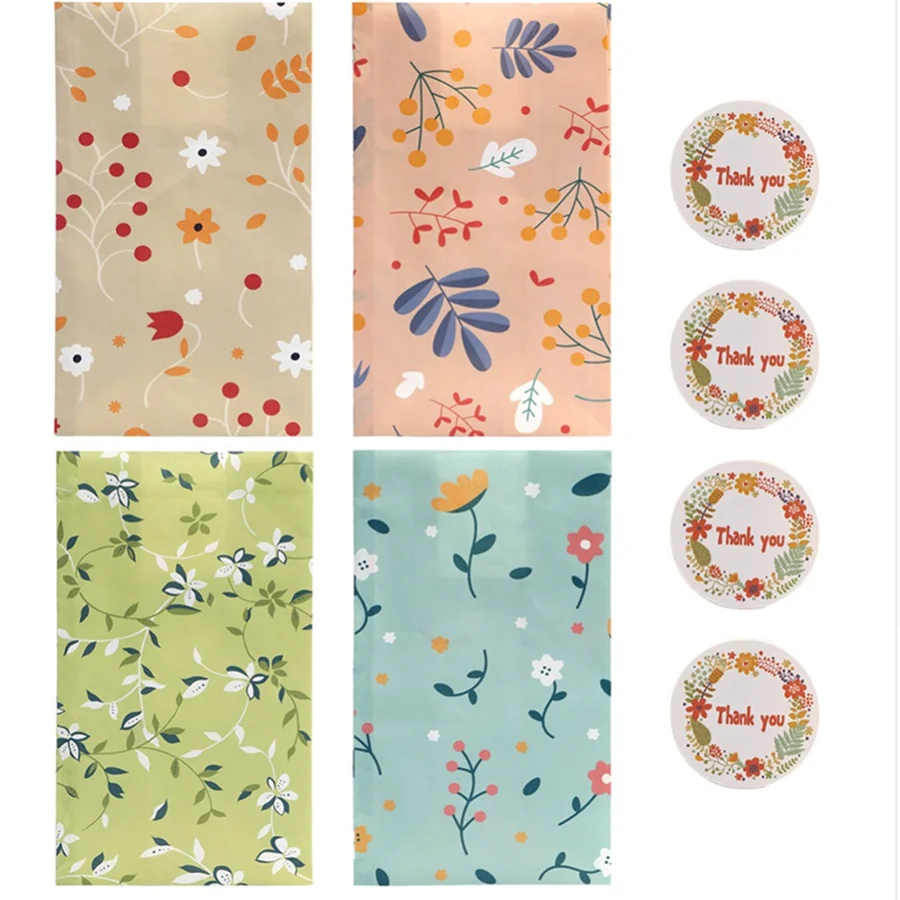 12/24PCS Plant Pattern Gift Paper Bags for Candy Cookie Bakery Kraft Paper Packaging Bags with Stickers