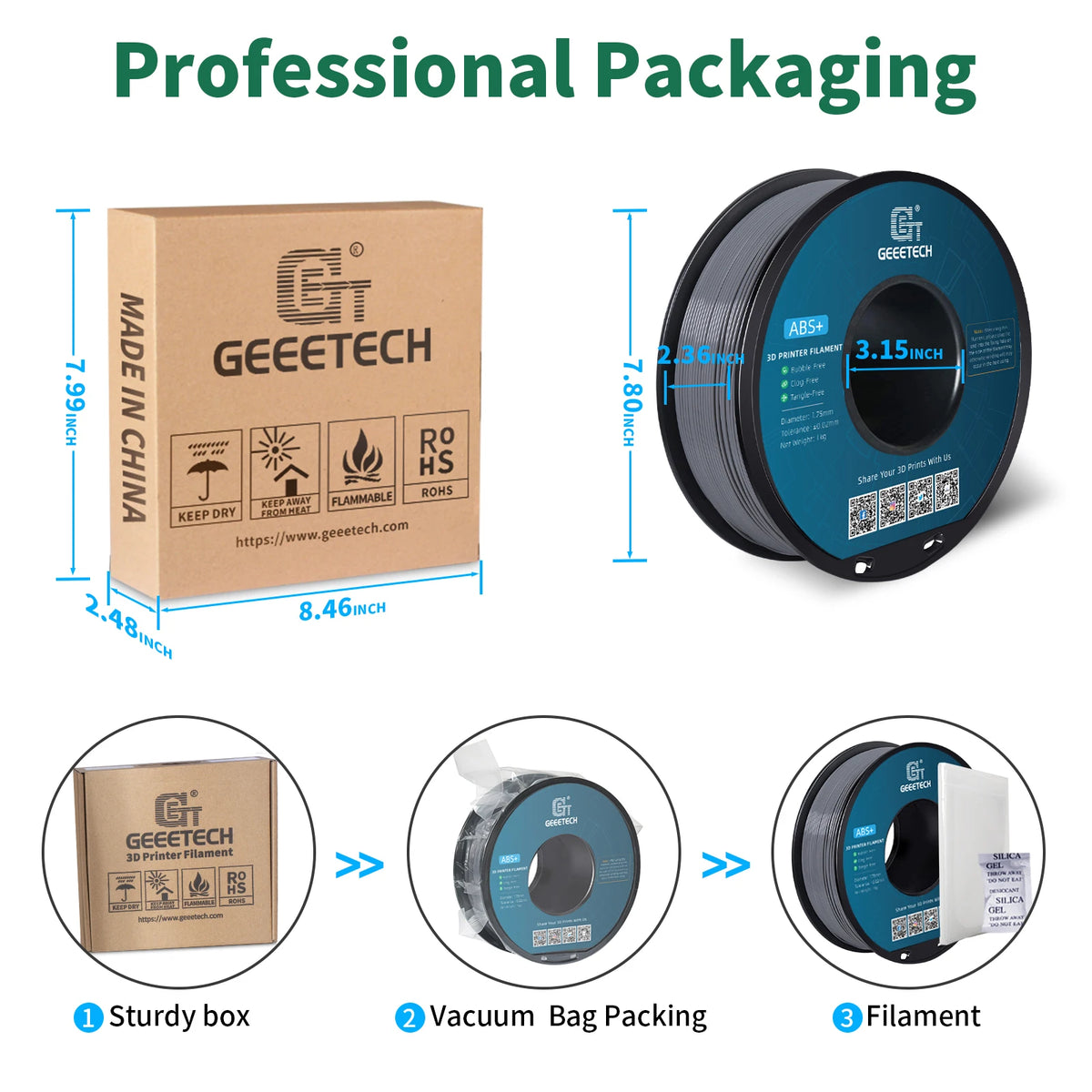 Geeetech ABS+3D Filament 1.75mm 1KG Plastic, 3D Printer Material, Tangle-Free, Non-Toxic, Vacuum Packaging White Black Red Blue