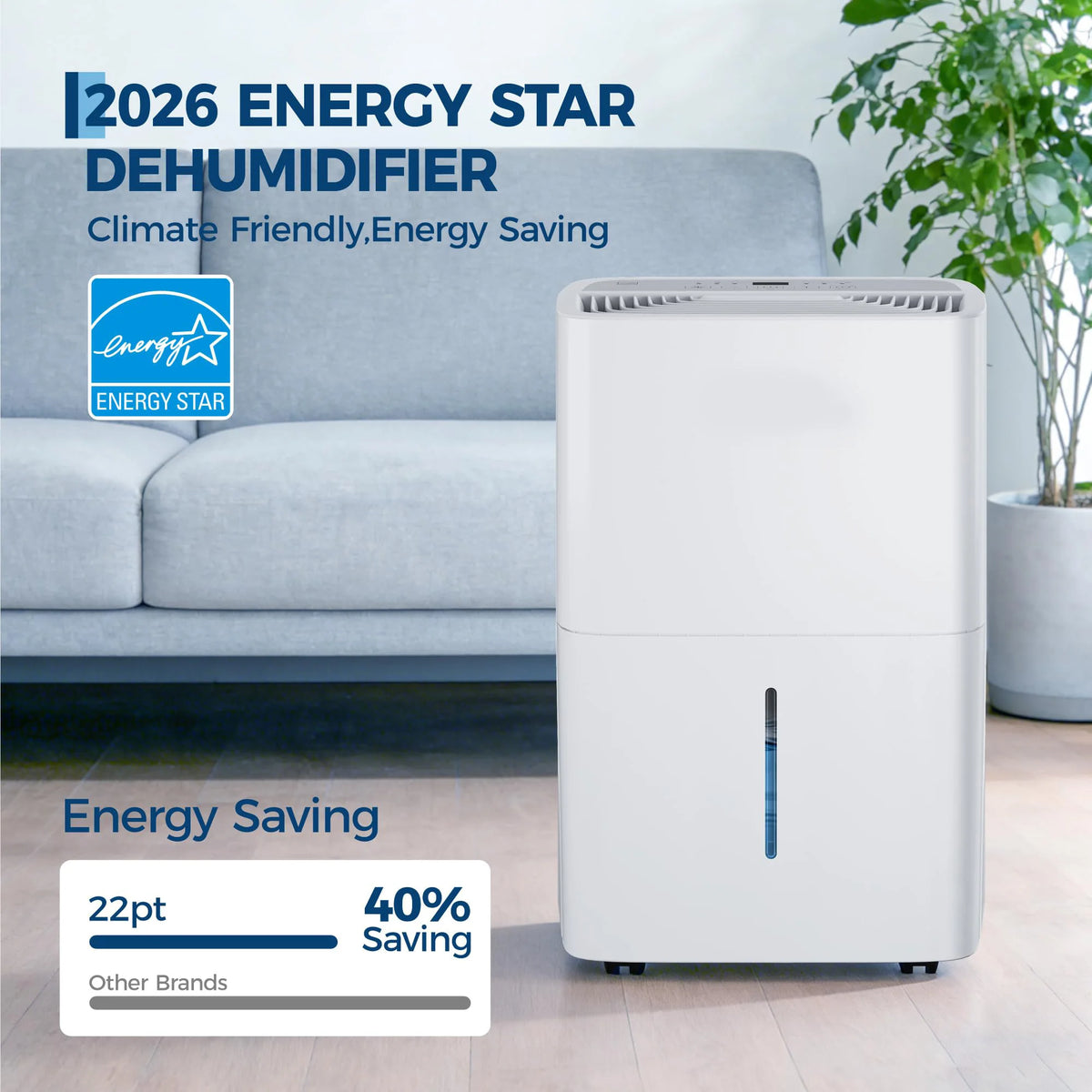 22 Pint High-Capacity Dehumidifier For Large Rooms Up To 30000 Sq Ft, Portable With Digital Control, Quiet Auto Shut-Off