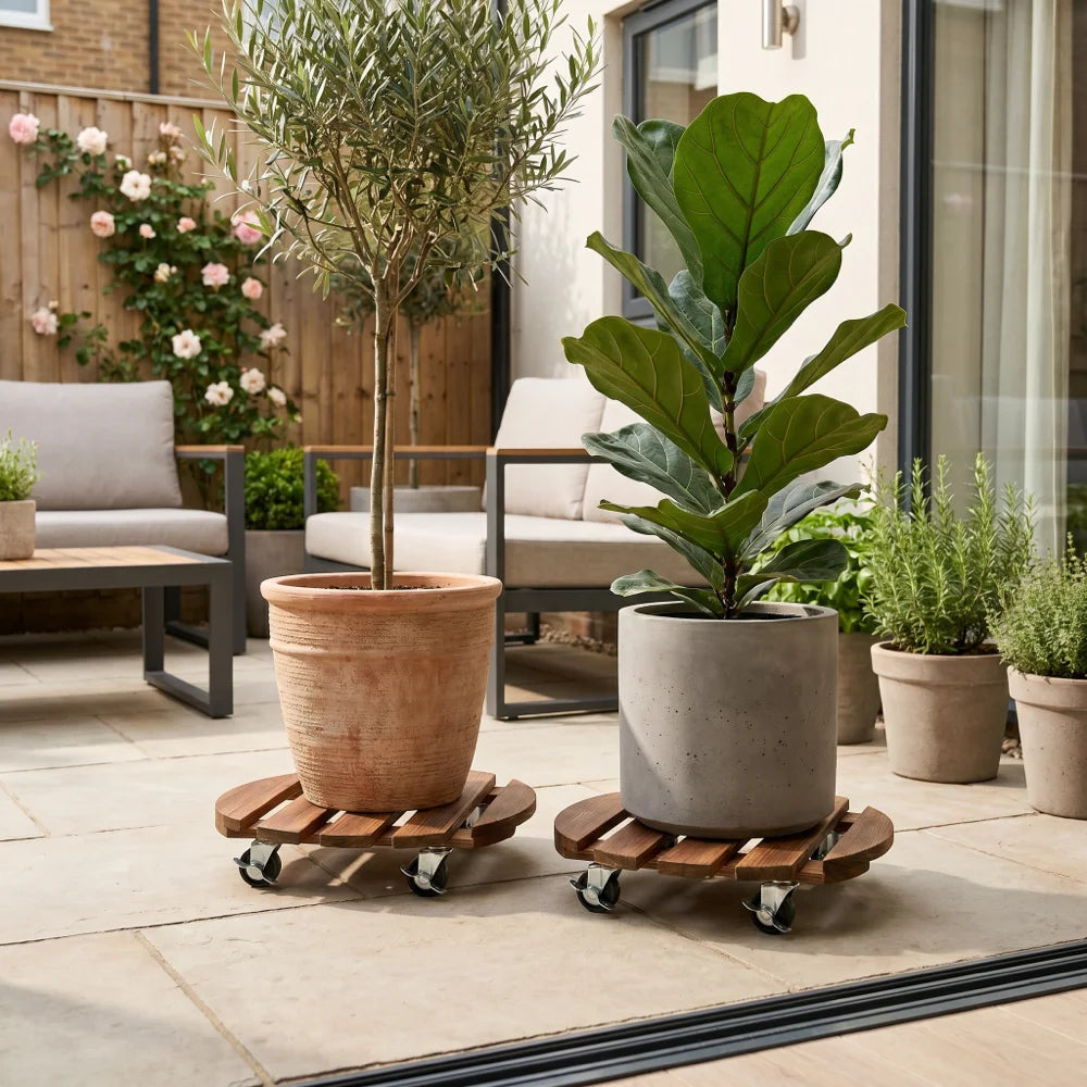 2 Pack Plant Trolley with Lockable Wheels 120kg Capacity Carbonised Timber Deck 360° Swivel Casters Dark Brown