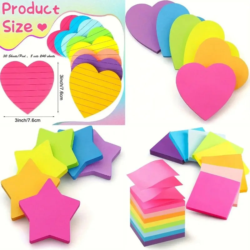 240pcs Heart Shaped Sticky Note Love Horizontal Line Fluorescent Colour Sticker Note Book 8 Colours  Creative Student Supplies