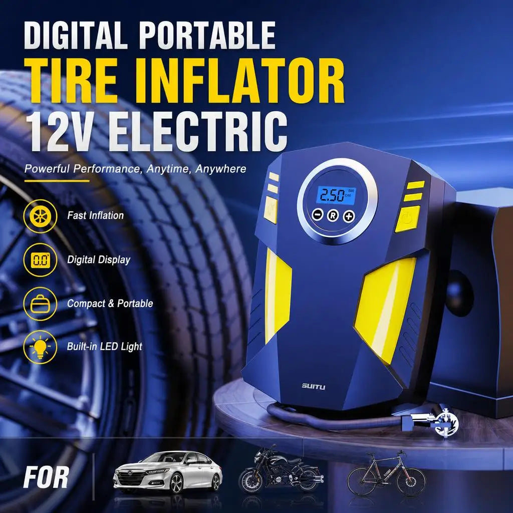 Car Tire Inflator Pump, Digital Portable Tire Air Compressor Pump, 12V Electric with LED Light, Suitable for Cars, Motorcycles, Bicycles, UK