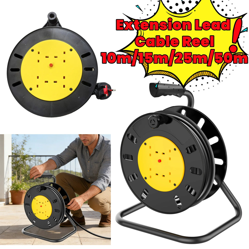 3000W Extension Lead Cable Reel,10m/15m/25m/50m 4 Socket Cord Reel UK Plug Socket with Thermal Cut-Out Protection, Outdoor for Garden