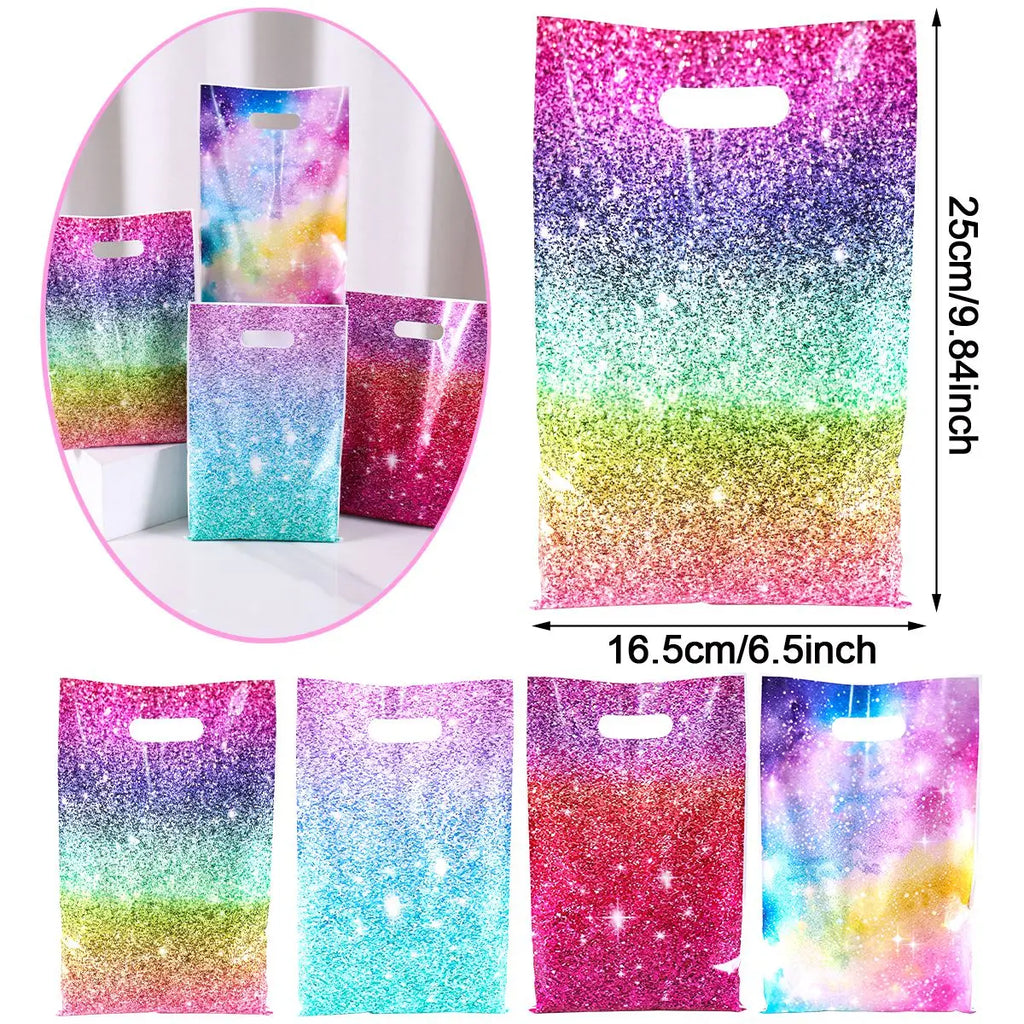 10/20/50pcs Glitter Rainbow Gradient Galaxy Plastic Handle Gift Bags Party Favor Bags for Birthday Wedding Party Decor Supplies