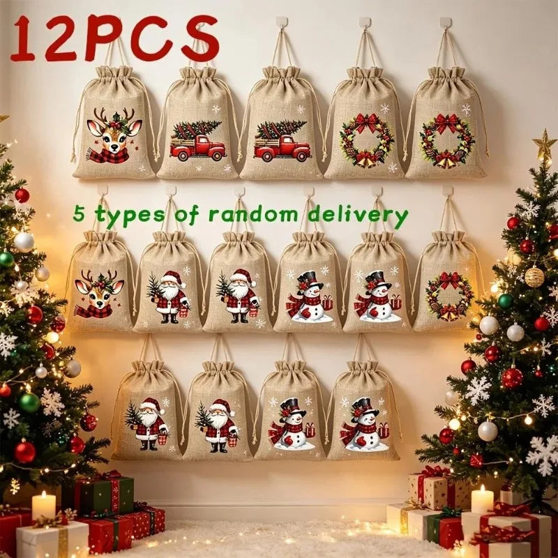 12PCS Christmas Burlap Drawstring Design Gift Bags Reusable Party Favors Gift Bags for Candy Treats Holiday Decor Gift Packaging