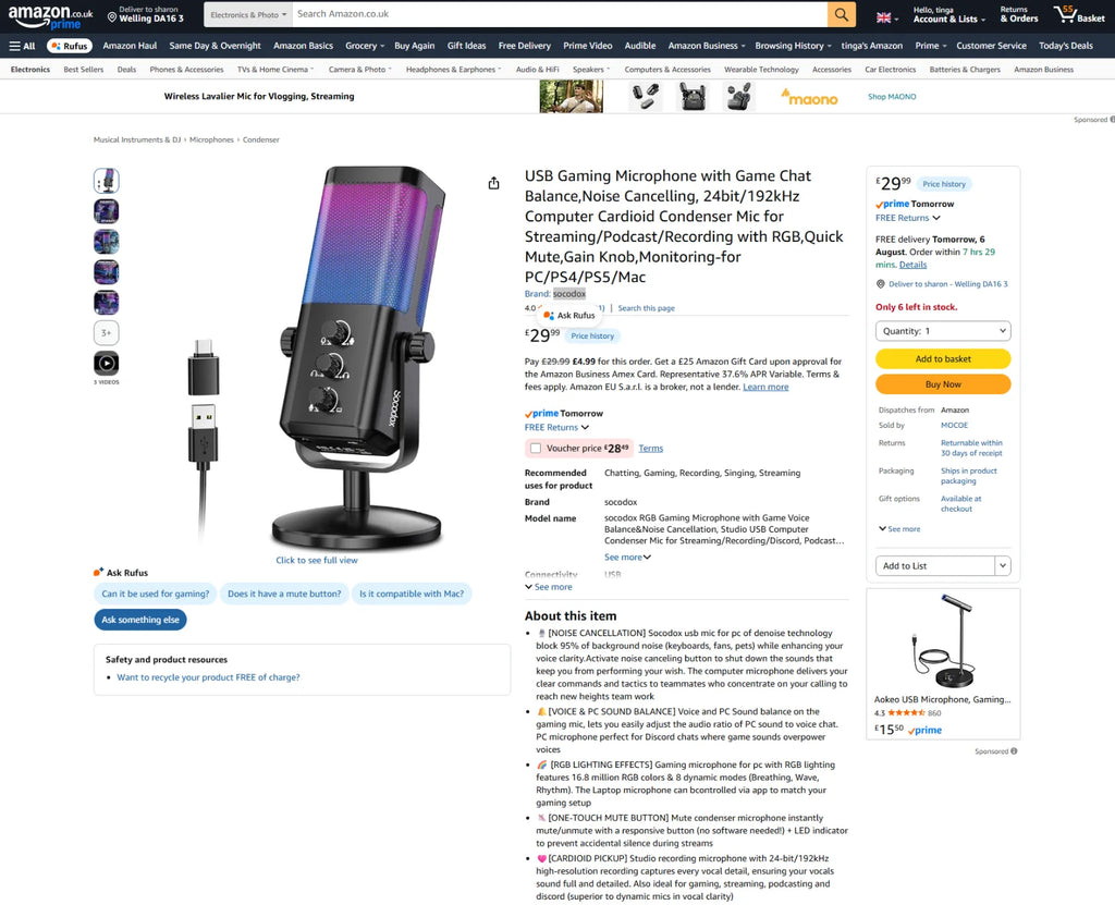 USB Gaming Microphone with Game Chat Balance,Noise Cancelling, 24bit/192kHz Computer Cardioid Condenser Mic for Streaming/Podcast/Recording with RGB,Quick Mute,Gain Knob,Monitoring-for PC/PS4/PS5/Mac