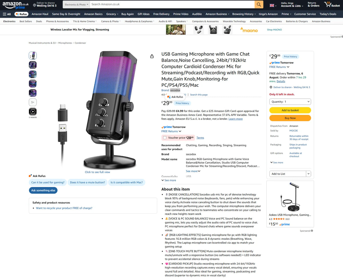 USB Gaming Microphone with Game Chat Balance,Noise Cancelling, 24bit/192kHz Computer Cardioid Condenser Mic for Streaming/Podcast/Recording with RGB,Quick Mute,Gain Knob,Monitoring-for PC/PS4/PS5/Mac