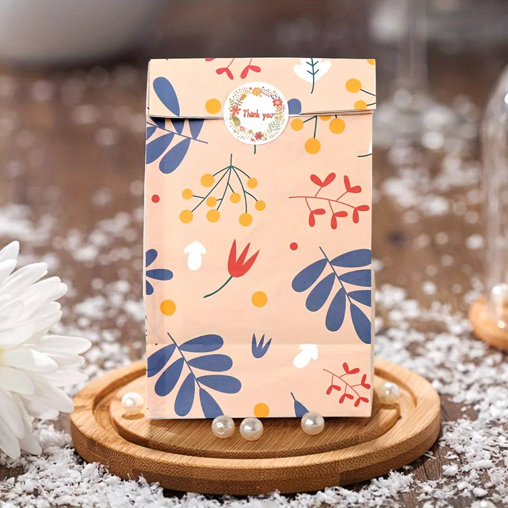 12/24PCS Plant Pattern Gift Paper Bags for Candy Cookie Bakery Kraft Paper Packaging Bags with Stickers