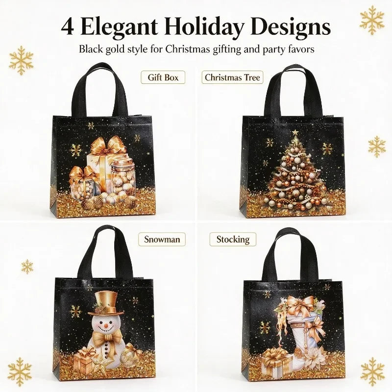 12PCS Christmas Non Woven Gift Bags Cartoon Snowman Tree Pattern Handbag Packaging Bags Xmas Party Supplies Holiday Favors