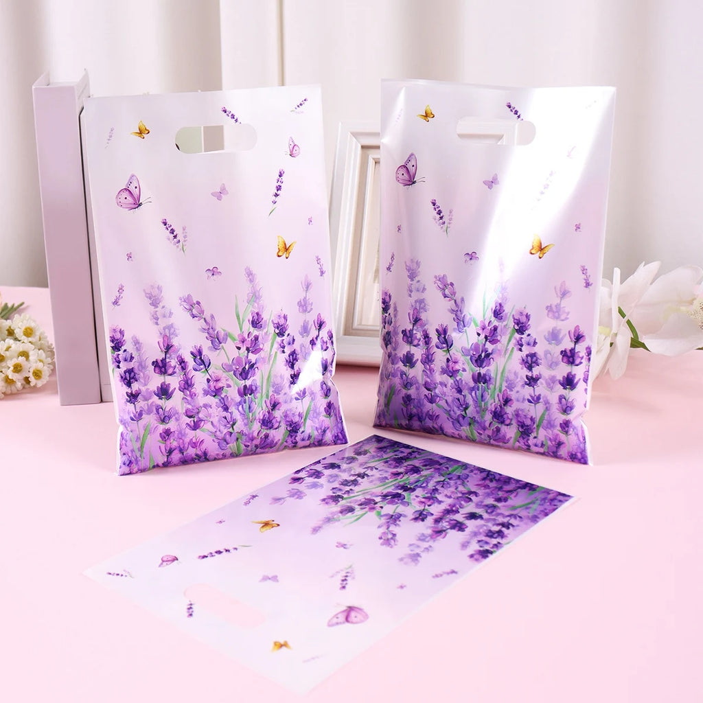 10/20/50Pcs Lavender Gift Bags Plastic Gift Tote Bags Spring Birthday Party Decoration Wedding Party Supplies for Gift Wrapping